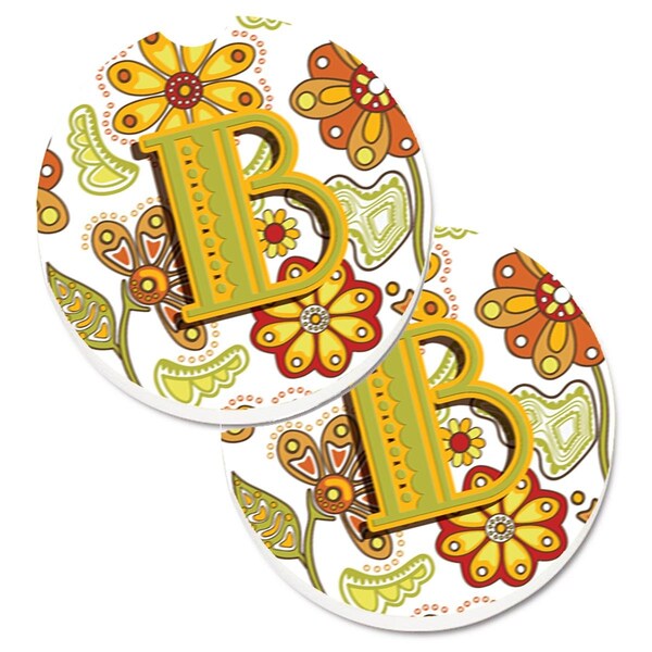 Carolines Treasures Letter B Floral Mustard and Green Set of 2 Cup Holder Car Coaster CJ2003-BCARC - main